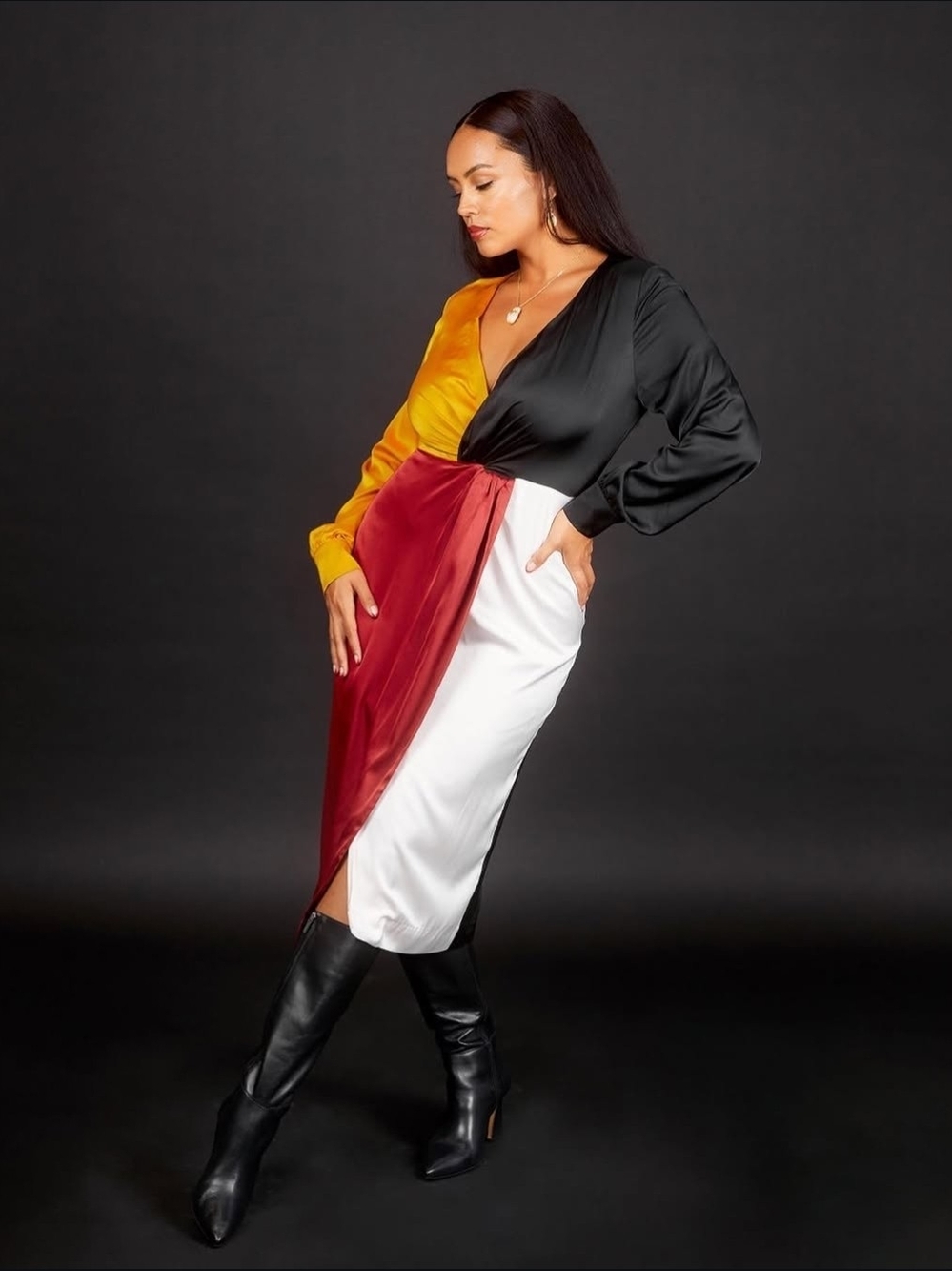 B. Yellowtail Medium Medicine Wheel Satin Dress Indigenous Designer NWOT